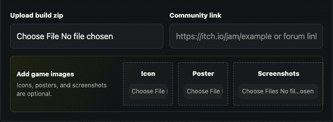 Radbro submission form with the build ZIP upload and optional game art fields.