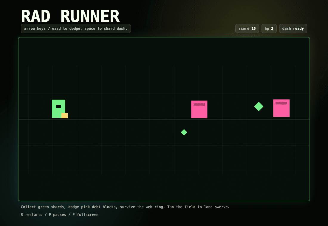 Rad Runner sample game running in a browser with neon lanes, obstacles, and control instructions.