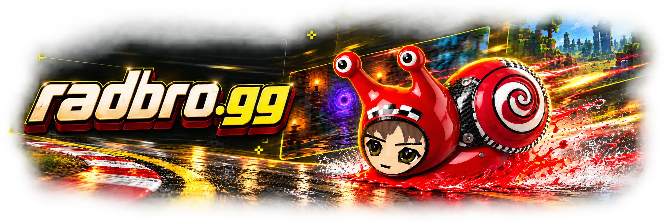 Radbro.gg — a red Radsnail races around a wet track.